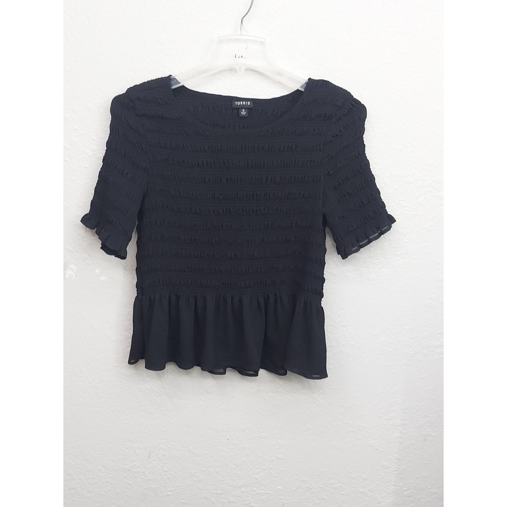 Torrid Top Blouse Womens 0 Large Black Smocked Peplum Ruffle Babydoll